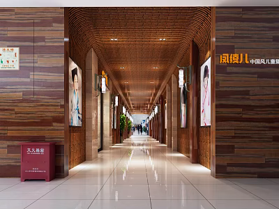 Bright Elevator Hallway With Wooden Walls Advertisement Posters And White Tiled Floor 3d model