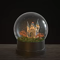 Crystal Globe Castle Scene With Grass Trees Birds On Wooden Table Black Base
