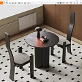 Round Dark Wood Dining Table Set With Two Black Backrest Chairs And Checkered Rug 3d model