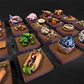 Raw Chicken and Various Food Items Displayed on Wooden Trays