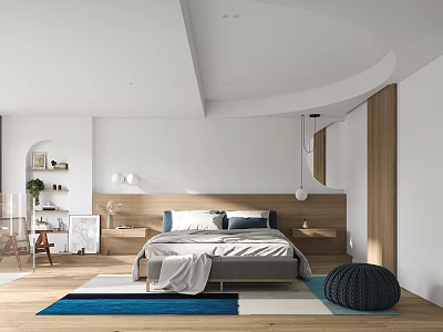 Modern Bedroom Interior With Wooden Headboard Blue Rug Nightstands And Decorative Lights 3d model