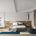 Modern Bedroom Interior With Wooden Headboard Blue Rug Nightstands And Decorative Lights