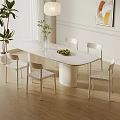 Modern White Dining Table Set With Six Woven Chairs Green Plant Vase And Fruit Plate
