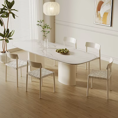 Modern White Dining Table Set With Six Woven Chairs Green Plant Vase And Fruit Plate 3d model