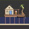 Wooden Waterfront House with Blue Door Palm Tree Platform and Small Boat