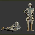 Game and Movie Military Characters in Camouflage Outfits Holding Rifles Standing and Prone