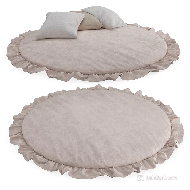 Two Round Light Beige Cushions With Soft Fabric Ruffled Edges And Small Pillows On Top 3d model 