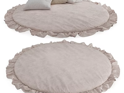 Two Round Light Beige Cushions With Soft Fabric Ruffled Edges And Small Pillows On Top 3d model