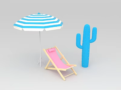 Outdoor Photo Spot With Blue White Striped Umbrella Pink Beach Chair And Blue Cactus 3d model