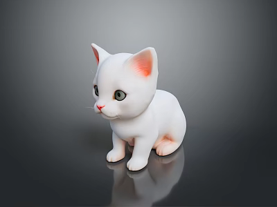 White Kitten Figurine With Pink Ears And Green Eyes On Dark Reflective Surface 3d model