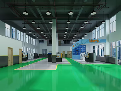 Spacious Factory Workshop Interior With Green Floor Equipment And Pendant Lights 3d model