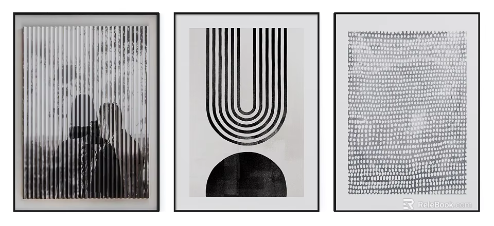 Modern Abstract Wall Art With Black White Geometric Patterns And Framed Design 3d model