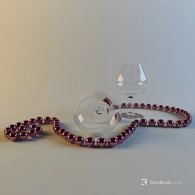 Elegant Wine Bottle And Glasses With Red Beads Necklace Display On White Surface 3d model 