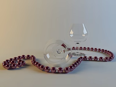 Elegant Wine Bottle And Glasses With Red Beads Necklace Display On White Surface 3d model