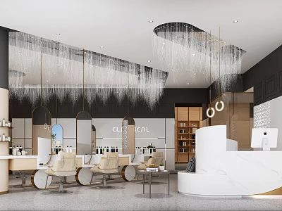 Modern Beauty Hair Salon Interior With Fringed Chandeliers White Reception And Styling Mirrors 3d model