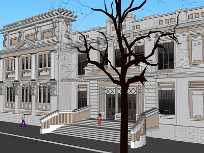 Classical Style Building Exterior Featuring Decorative Facade Stairs Windows And Tree In Front 3d model