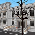 Classical Style Building Exterior Featuring Decorative Facade Stairs Windows And Tree In Front