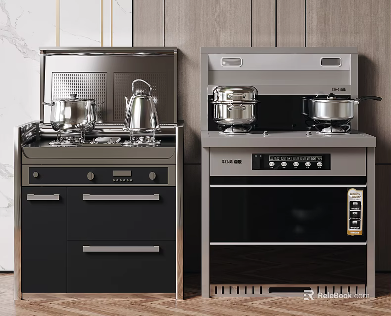Modern Stainless Steel Kitchen Appliances Featuring Stove Oven And Cooking Pots 3d model 
