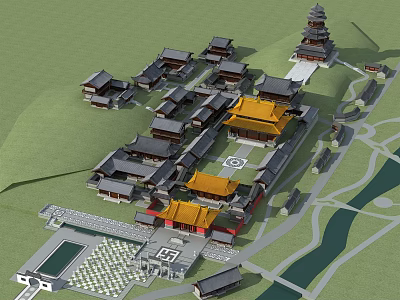 Ancient Architecture Complex With Traditional Buildings Yellow Roofs Pagoda And Courtyards In Mountain Water Surroundings 3d model