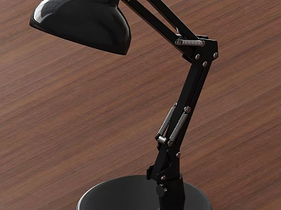 Black Adjustable Desk Lamp with Flexible Arm Round Base on Wooden Tabletop 3d model