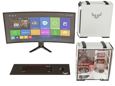 TUF Gaming Desktop Setup With Curved Monitor Mechanical Keyboard And Transparent Case 3d model