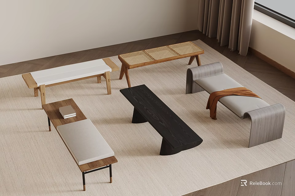Modern Room Interior With Various Designed Benches Tables Window And Curtains On Light Carpet 3d model 