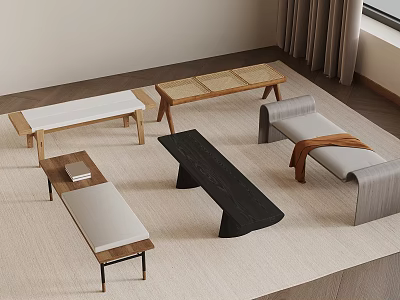 Modern Room Interior With Various Designed Benches Tables Window And Curtains On Light Carpet 3d model