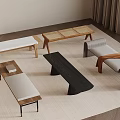 Modern Room Interior With Various Designed Benches Tables Window And Curtains On Light Carpet