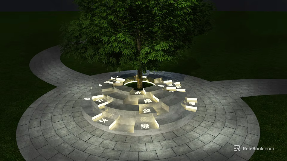 Circular Landscape Seating Around Tree With Stone Pavement Lighting And Grass Pathway 3d model