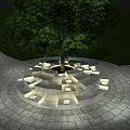 Circular Landscape Seating Around Tree With Stone Pavement Lighting And Grass Pathway 3d model