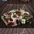 Fresh Blueberry Muffins On Checkered Cloth With Milk And Berries On Wooden Tray