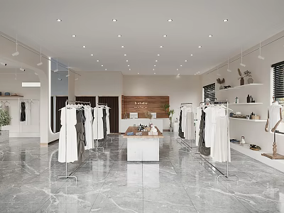 Elegant Modern Clothing Store Interior With White Dresses Display Racks Marble Floor And Cashier Counter 3d model