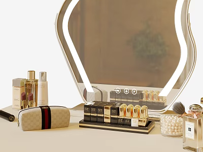 Luxury Perfume Cosmetics on Elegant Vanity Table With Lighted Mirror Makeup Brushes and Storage Case 3d model