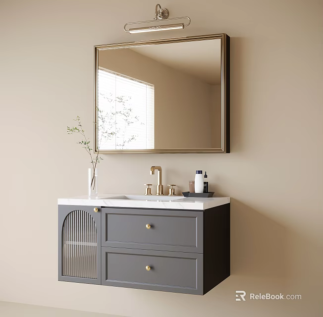Gray Bathroom Vanity With White Countertop Gold Faucet Vase With Plant And Gold Framed Mirror 3d model 