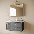 Gray Bathroom Vanity With White Countertop Gold Faucet Vase With Plant And Gold Framed Mirror