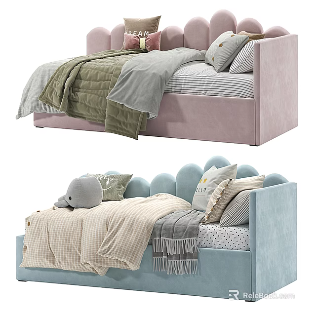 Pastel Pink Blue Children's Beds With Soft Cushions Blankets And Stuffed Toys 3d model 