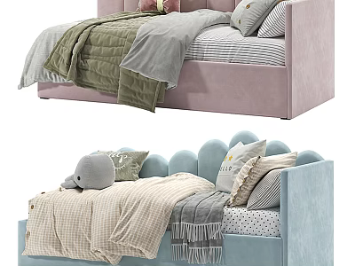 Pastel Pink Blue Children's Beds With Soft Cushions Blankets And Stuffed Toys 3d model