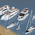 Various Yachts Including Motor Yachts and Sailboats Moored on Water Near Beach