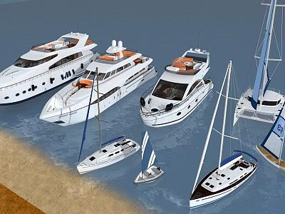 Various Yachts Including Motor Yachts and Sailboats Moored on Water Near Beach 3d model