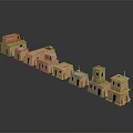 Cartoon Scene of Ancient Wooden Architecture Models Arranged in Line with Towers and Houses
