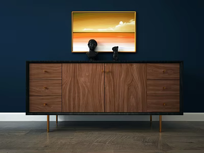 Wooden Sideboard With Drawers Cabinets And Golden Legs Under Dark Blue Wall Painting 3d model