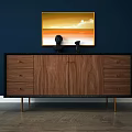 Wooden Sideboard With Drawers Cabinets And Golden Legs Under Dark Blue Wall Painting