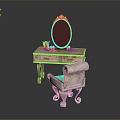 Antique Vanity Table With Ornate Oval Mirror Matching Stool And Decorative Items 3d model