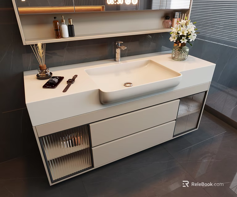 Modern White Washbasin Vanity Design With Vase Flowers Toiletries On Shelf And Glass Panel Drawers 3d model 