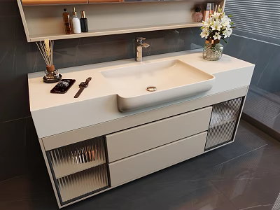 Modern White Washbasin Vanity Design With Vase Flowers Toiletries On Shelf And Glass Panel Drawers 3d model