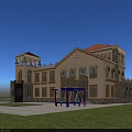 Cream School Building Red Tiled Roof Arched Windows Front Lawn Blue Red Swings Green Slide