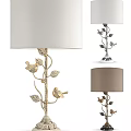 Elegant Table Lamp with Branch Base Bird Leaf Decor and Fabric Shade 3d model