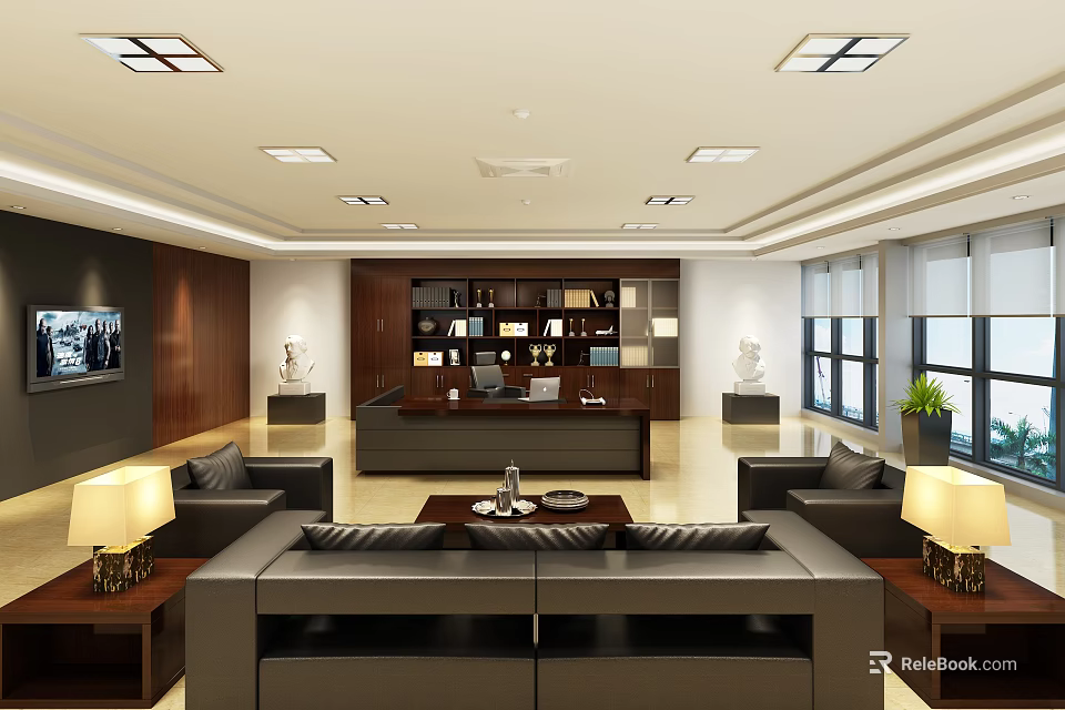 Modern Office Interior Design With Leather Sofas Wooden Desk Built In Bookshelves And Ceiling Lights 3d model 