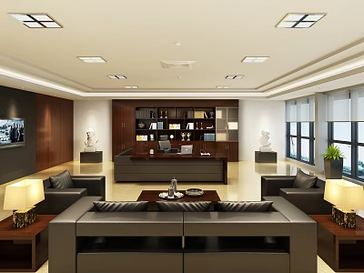 Modern Office Interior Design With Leather Sofas Wooden Desk Built In Bookshelves And Ceiling Lights 3d model