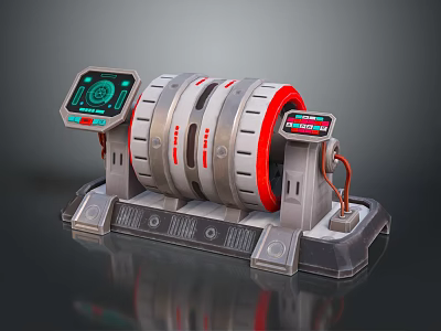 Futuristic Landscape Featuring Circular Tech Structure With Digital Screens And Red Accents 3d model